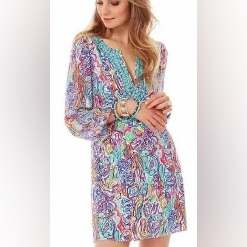 Lilly Pulitzer Saemus “What A Catch” Silk Beaded Tunic Dress
